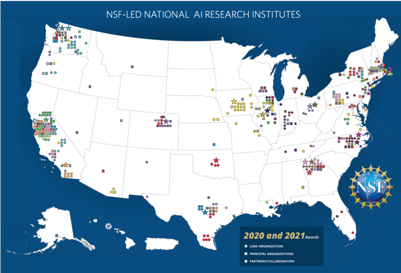 Map of the U.S. reflecting the locations of the Artificial Intelligence National Research Institutes led by the U.S. National Science Foundation, including lead and principal organizations, and funded and unfunded partners and collaborators. • Credit: U.S. National Science Foundation.