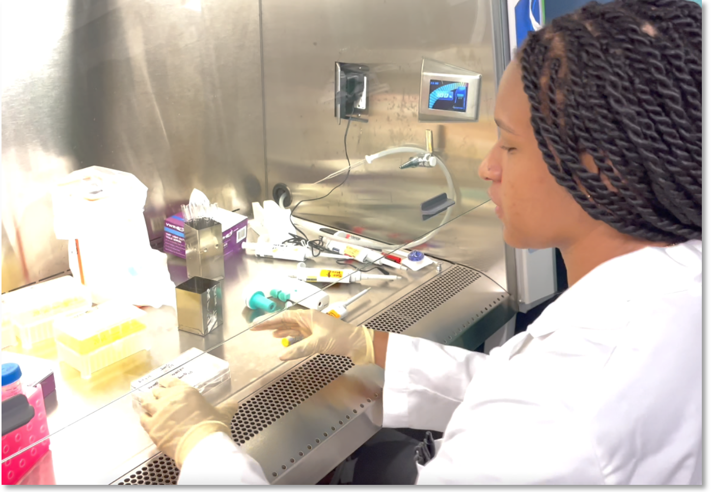 Haley Brown, a sophomore at Clark Atlanta University, works on protein extraction in the lab of GRA Eminent Scholar Shafiq Khan.