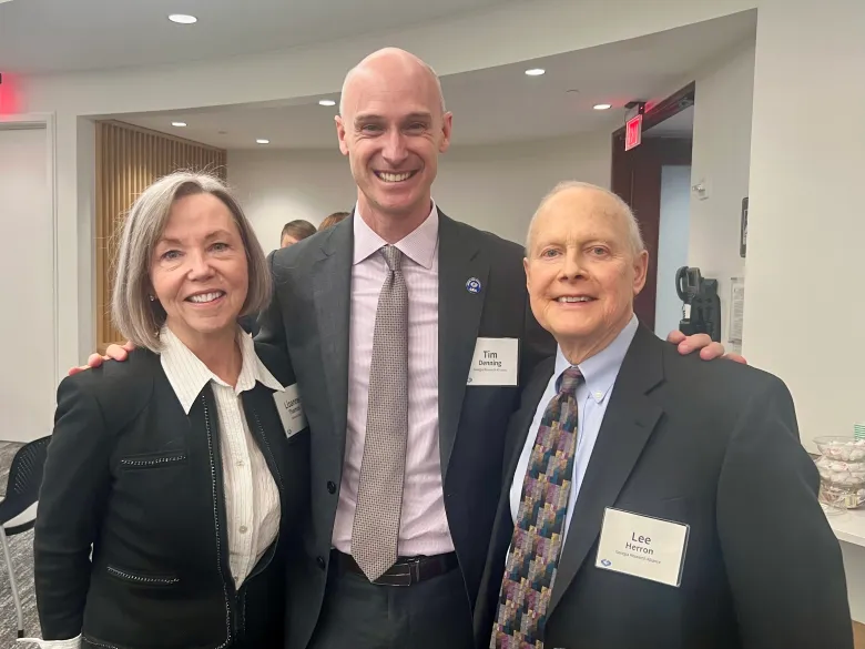 GRA Board Chair Lizanne Thomas and President Tim Denning with Lee Herron after sharing a tribute to Lee at the February 2024 meeting of the GRA Trustees. (Photo by Maria Saporta at The Saporta Report)