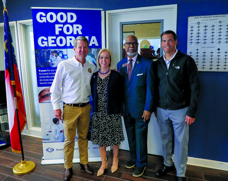 The May 2021 launch of GRA`s Solve Sickle Cell Initiative. From left: Gov. Brian Kemp, GRA President Susan Shows, Rep. Calvin Smyre (Columbus) and Lt. Gov. Geoff Duncan.